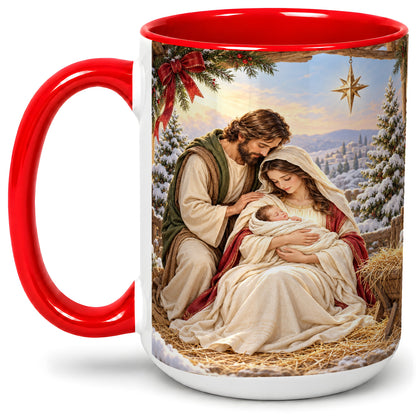 #pl[15oz|Red] Nativity Scene Accent Mug, Ceramic Coffee Cup with Holy Family