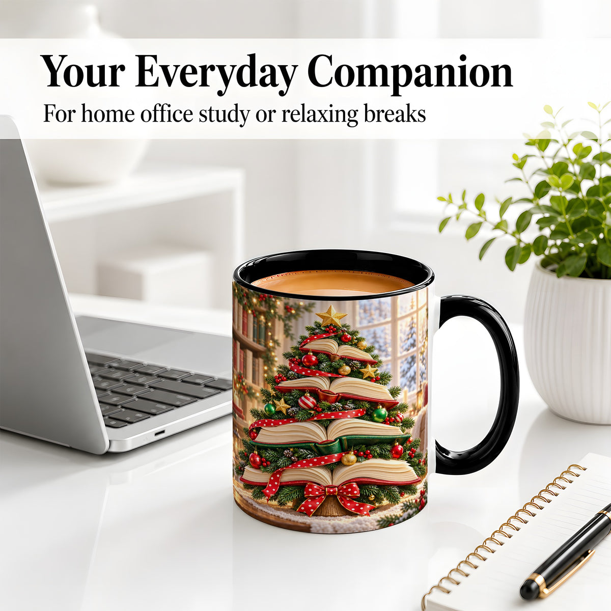 #pl[11oz|Black] Christmas Book Tree Accent Mug, Ceramic Coffee Cup for Readers