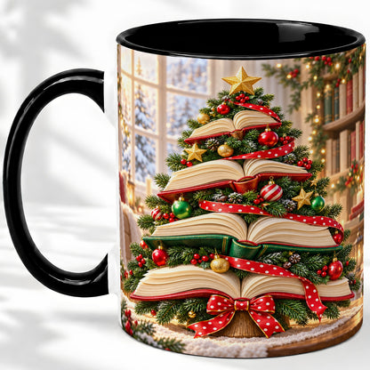 #pl[11oz|Black] Christmas Book Tree Accent Mug, Ceramic Coffee Cup for Readers