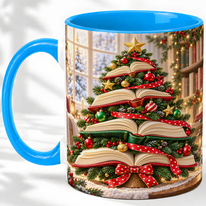 #pl[11oz|Blue] Christmas Book Tree Accent Mug, Ceramic Coffee Cup for Readers