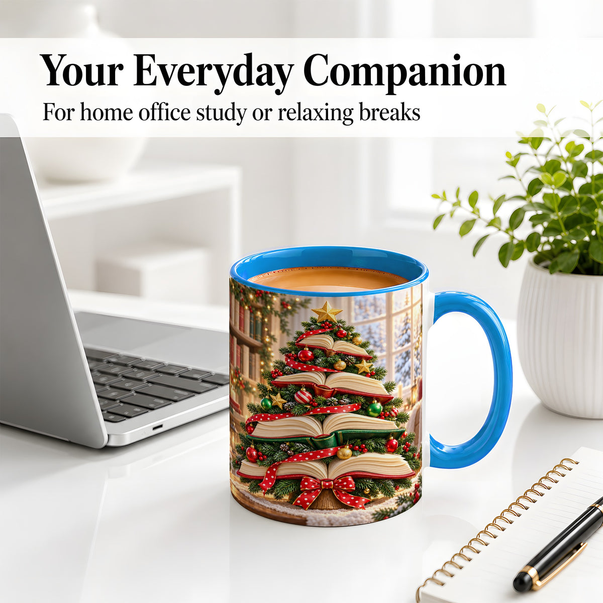 #pl[11oz|Blue] Christmas Book Tree Accent Mug, Ceramic Coffee Cup for Readers