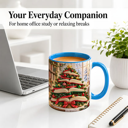 #pl[11oz|Blue] Christmas Book Tree Accent Mug, Ceramic Coffee Cup for Readers