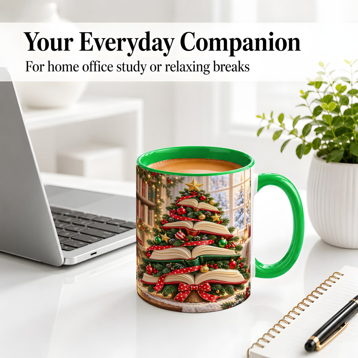 #pl[11oz|Green] Christmas Book Tree Accent Mug, Ceramic Coffee Cup for Readers