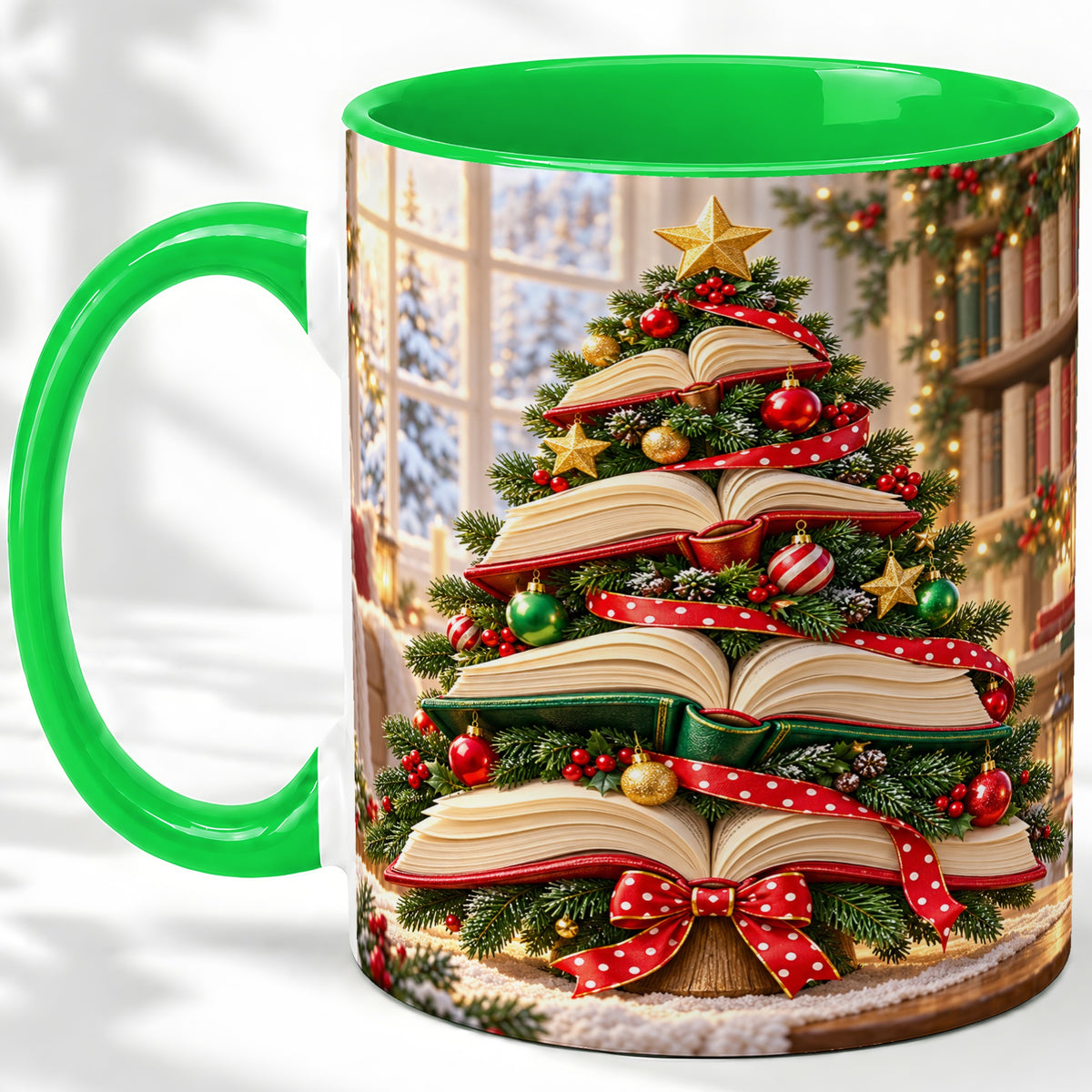 #pl[11oz|Green] Christmas Book Tree Accent Mug, Ceramic Coffee Cup for Readers