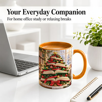 #pl[11oz|Orange] Christmas Book Tree Accent Mug, Ceramic Coffee Cup for Readers