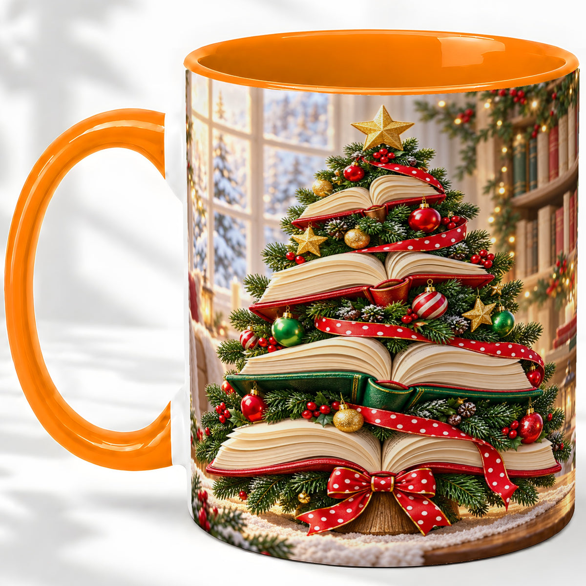 #pl[11oz|Orange] Christmas Book Tree Accent Mug, Ceramic Coffee Cup for Readers