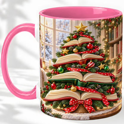 #pl[11oz|Pink] Christmas Book Tree Accent Mug, Ceramic Coffee Cup for Readers