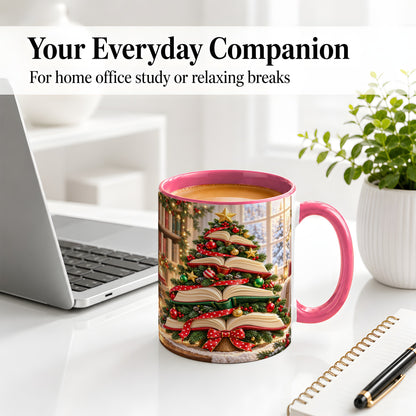#pl[11oz|Pink] Christmas Book Tree Accent Mug, Ceramic Coffee Cup for Readers
