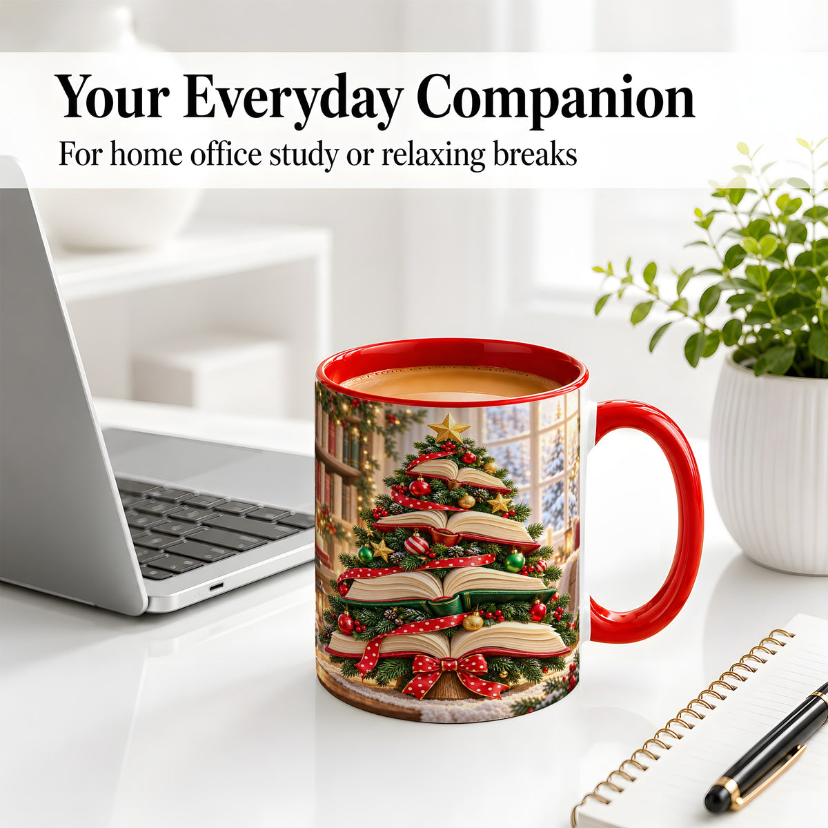 #pl[11oz|Red] Christmas Book Tree Accent Mug, Ceramic Coffee Cup for Readers