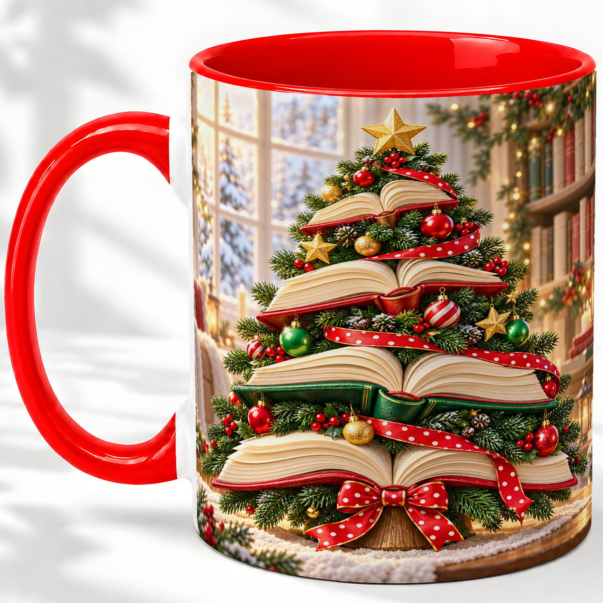 Christmas Book Tree Accent Mug, Ceramic Coffee Cup for Readers