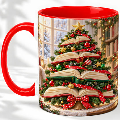 Christmas Book Tree Accent Mug, Ceramic Coffee Cup for Readers