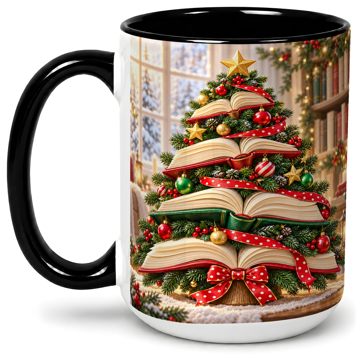 #pl[15oz|Black] Christmas Book Tree Accent Mug, Ceramic Coffee Cup for Readers