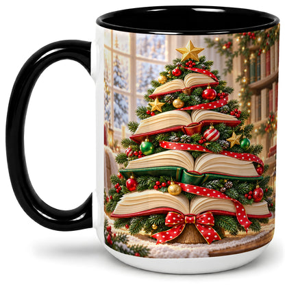 #pl[15oz|Black] Christmas Book Tree Accent Mug, Ceramic Coffee Cup for Readers