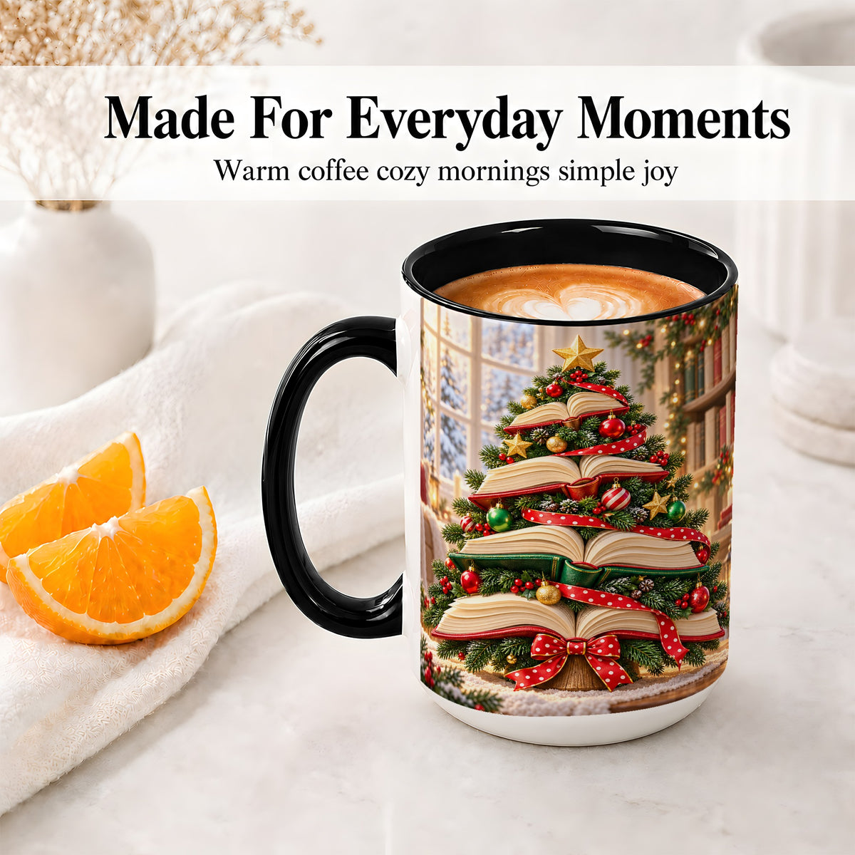 #pl[15oz|Black] Christmas Book Tree Accent Mug, Ceramic Coffee Cup for Readers