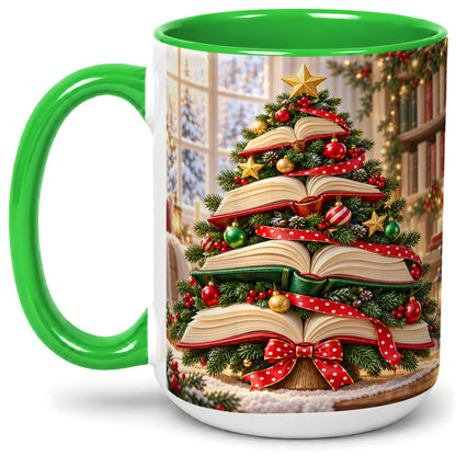 #pl[15oz|Green] Christmas Book Tree Accent Mug, Ceramic Coffee Cup for Readers