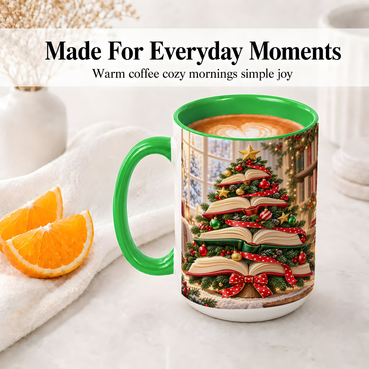 #pl[15oz|Green] Christmas Book Tree Accent Mug, Ceramic Coffee Cup for Readers