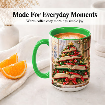 #pl[15oz|Green] Christmas Book Tree Accent Mug, Ceramic Coffee Cup for Readers