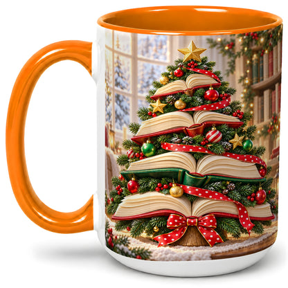 #pl[15oz|Orange] Christmas Book Tree Accent Mug, Ceramic Coffee Cup for Readers