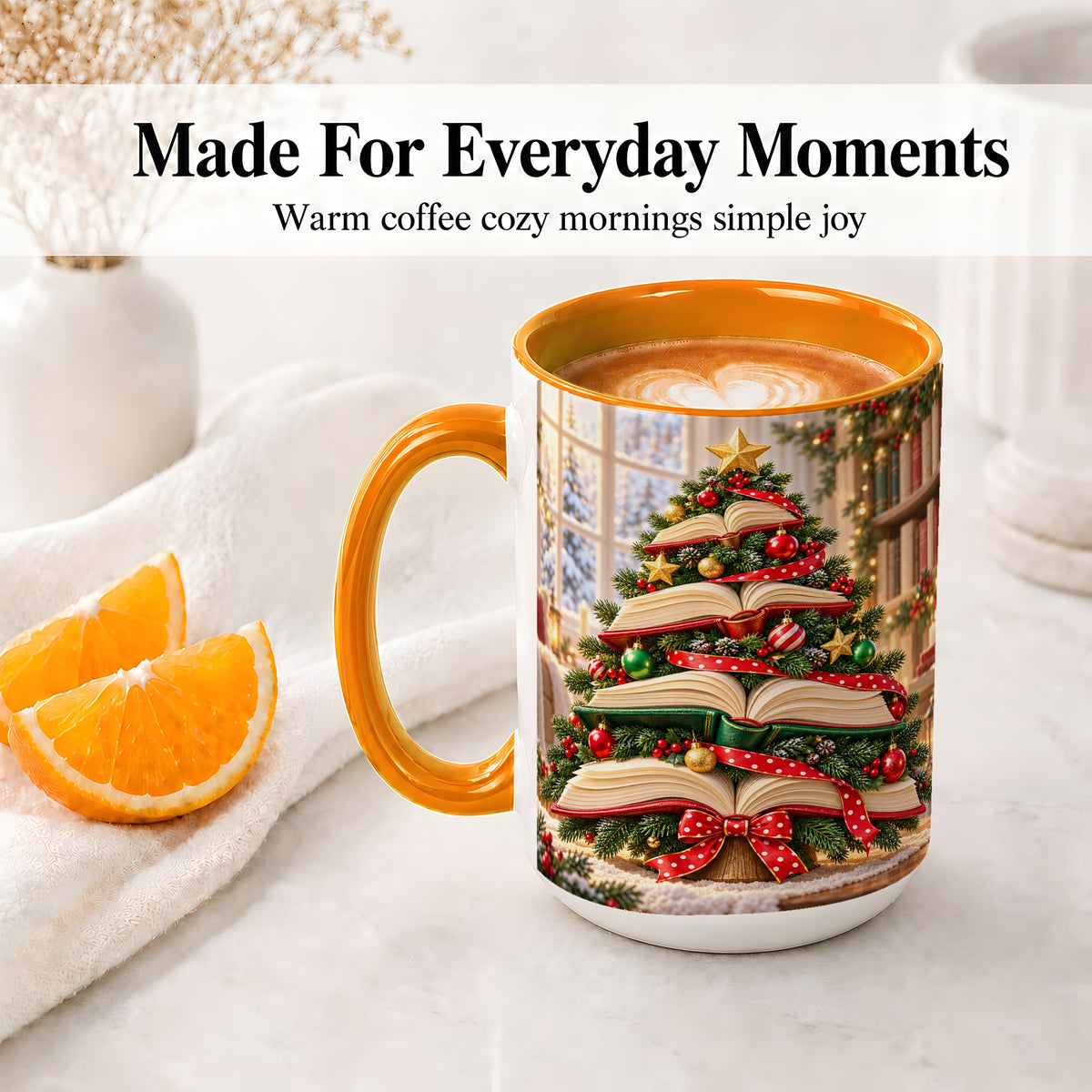 #pl[15oz|Orange] Christmas Book Tree Accent Mug, Ceramic Coffee Cup for Readers