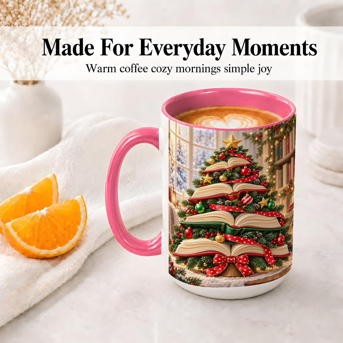 #pl[15oz|Pink] Christmas Book Tree Accent Mug, Ceramic Coffee Cup for Readers