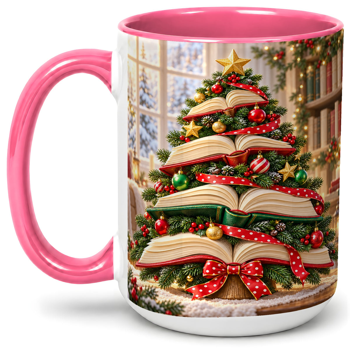 #pl[15oz|Pink] Christmas Book Tree Accent Mug, Ceramic Coffee Cup for Readers