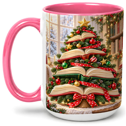 #pl[15oz|Pink] Christmas Book Tree Accent Mug, Ceramic Coffee Cup for Readers