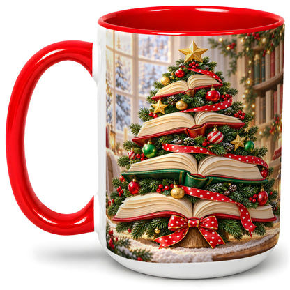#pl[15oz|Red] Christmas Book Tree Accent Mug, Ceramic Coffee Cup for Readers