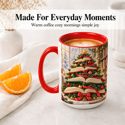 #pl[15oz|Red] Christmas Book Tree Accent Mug, Ceramic Coffee Cup for Readers