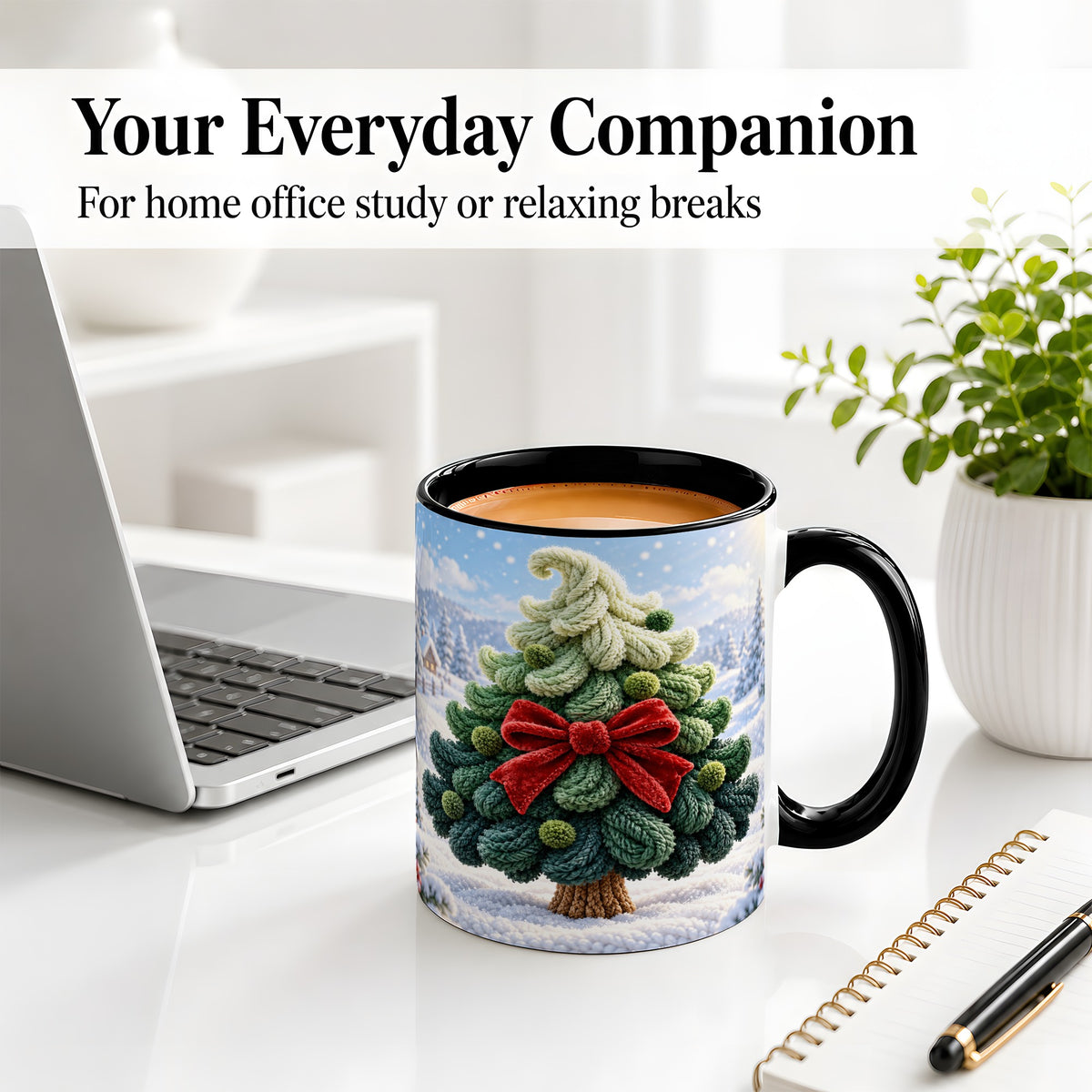 #pl[11oz|Black] Knitted Christmas Tree Accent Mug, Ceramic Cup with Red Bow