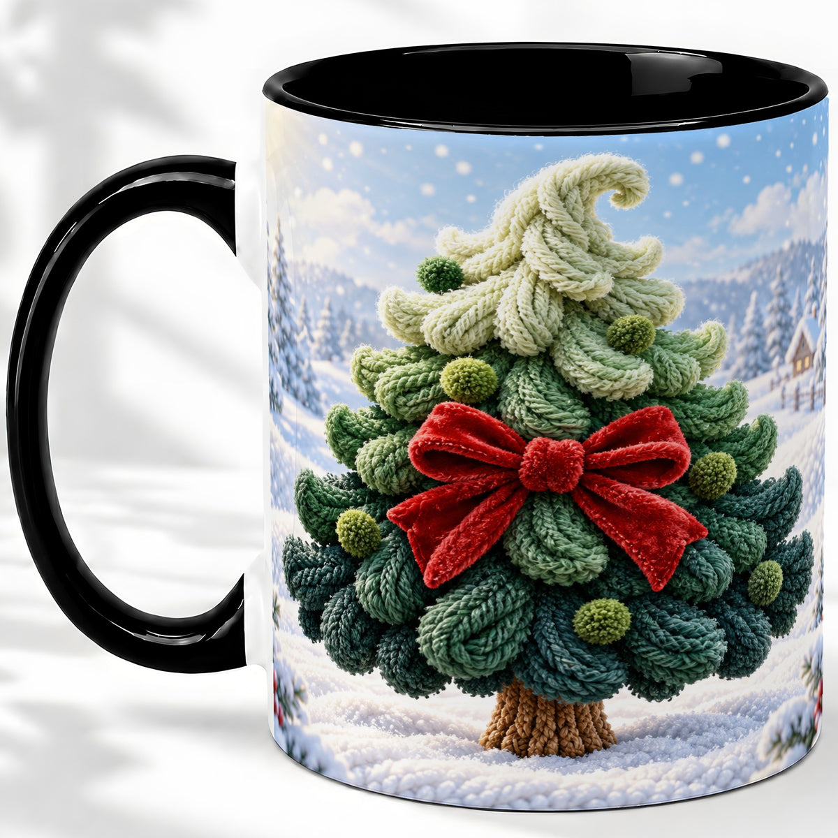 #pl[11oz|Black] Knitted Christmas Tree Accent Mug, Ceramic Cup with Red Bow