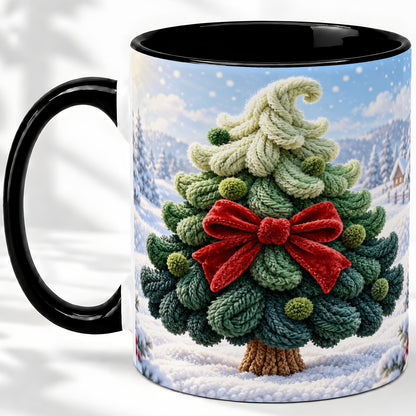 #pl[11oz|Black] Knitted Christmas Tree Accent Mug, Ceramic Cup with Red Bow