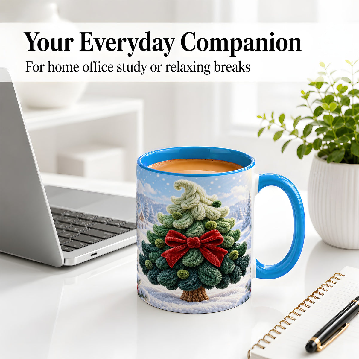 #pl[11oz|Blue] Knitted Christmas Tree Accent Mug, Ceramic Cup with Red Bow