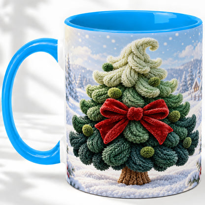 #pl[11oz|Blue] Knitted Christmas Tree Accent Mug, Ceramic Cup with Red Bow