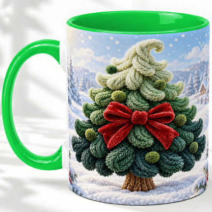 #pl[11oz|Green] Knitted Christmas Tree Accent Mug, Ceramic Cup with Red Bow