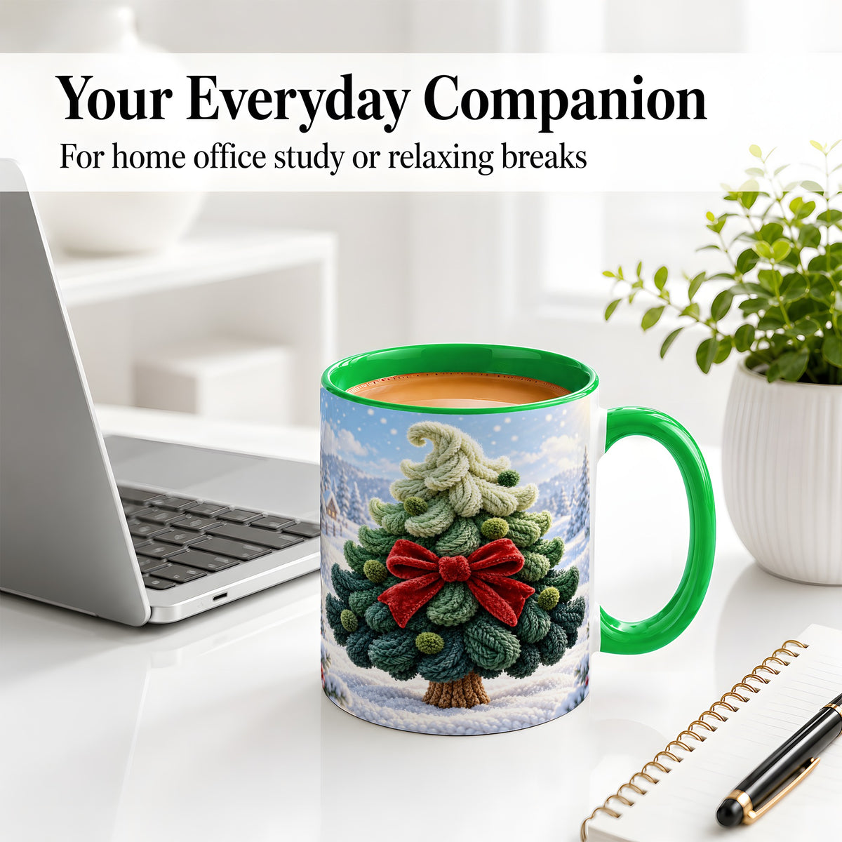 #pl[11oz|Green] Knitted Christmas Tree Accent Mug, Ceramic Cup with Red Bow