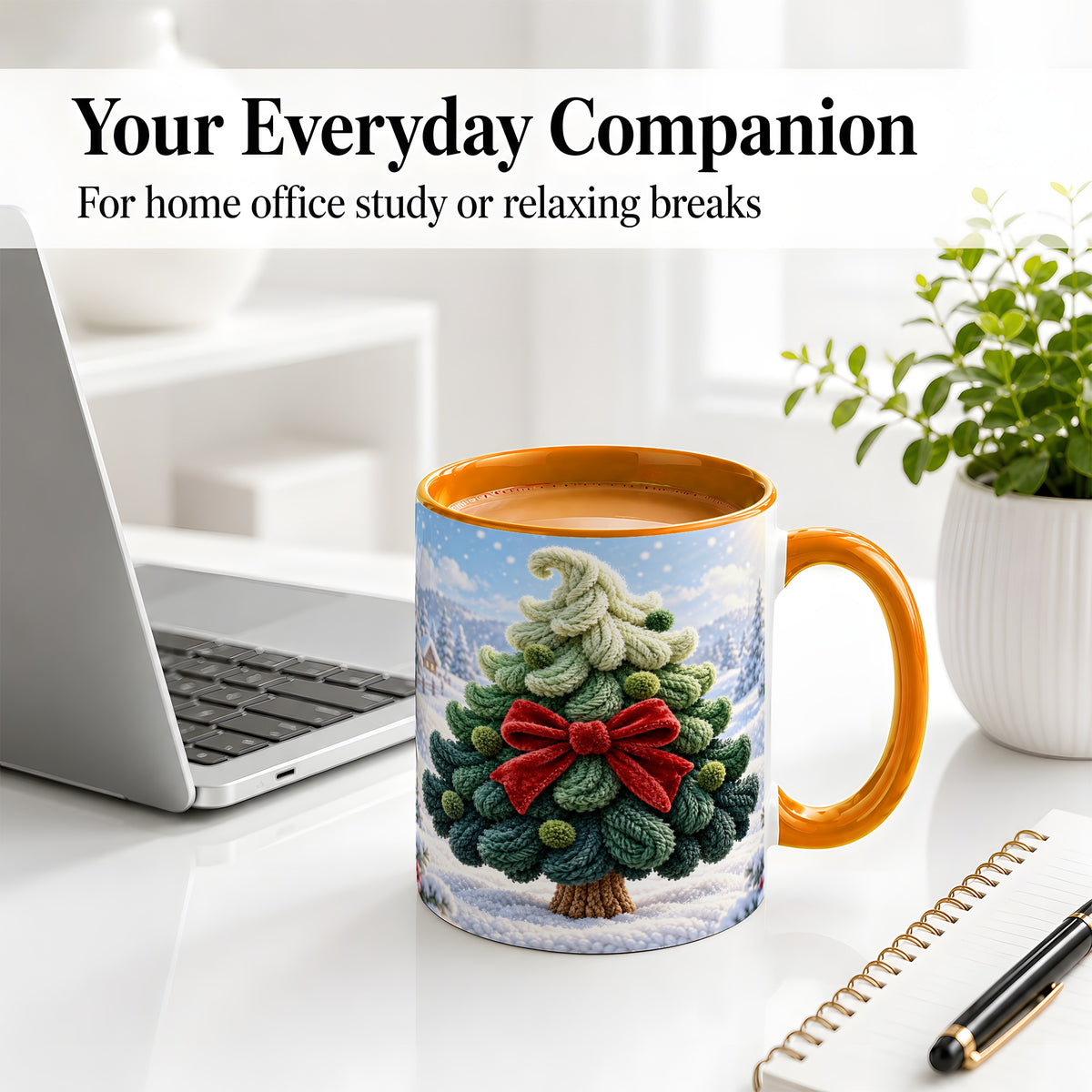 #pl[11oz|Orange] Knitted Christmas Tree Accent Mug, Ceramic Cup with Red Bow