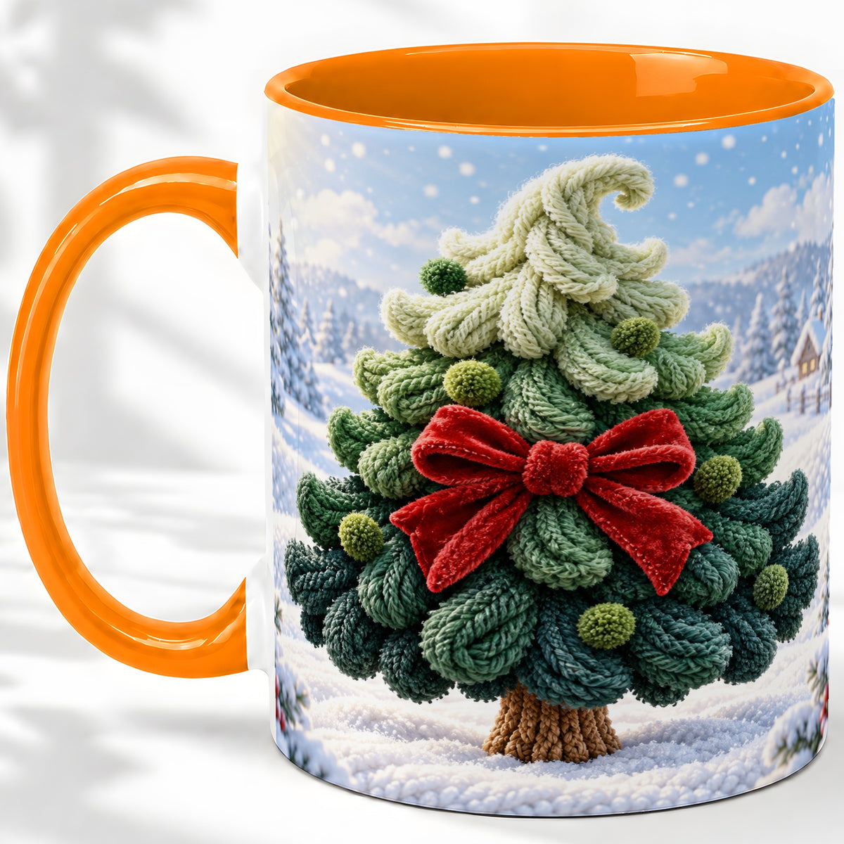 #pl[11oz|Orange] Knitted Christmas Tree Accent Mug, Ceramic Cup with Red Bow