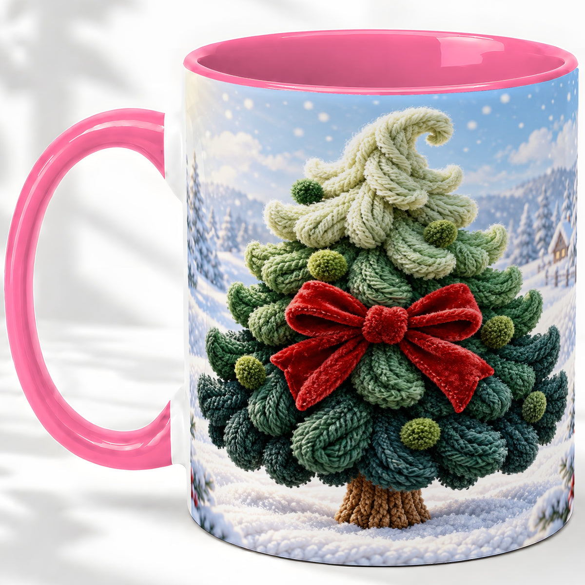 #pl[11oz|Pink] Knitted Christmas Tree Accent Mug, Ceramic Cup with Red Bow