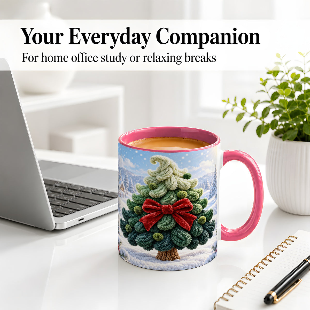 #pl[11oz|Pink] Knitted Christmas Tree Accent Mug, Ceramic Cup with Red Bow