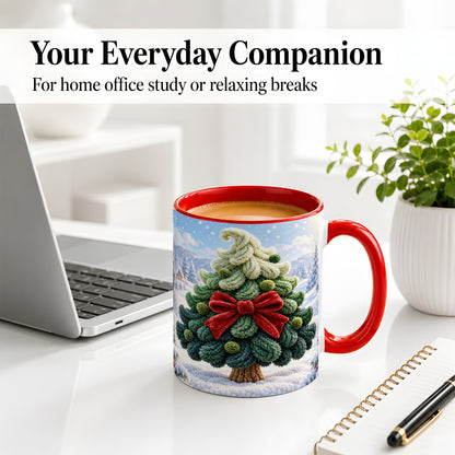 #pl[11oz|Red] Knitted Christmas Tree Accent Mug, Ceramic Cup with Red Bow