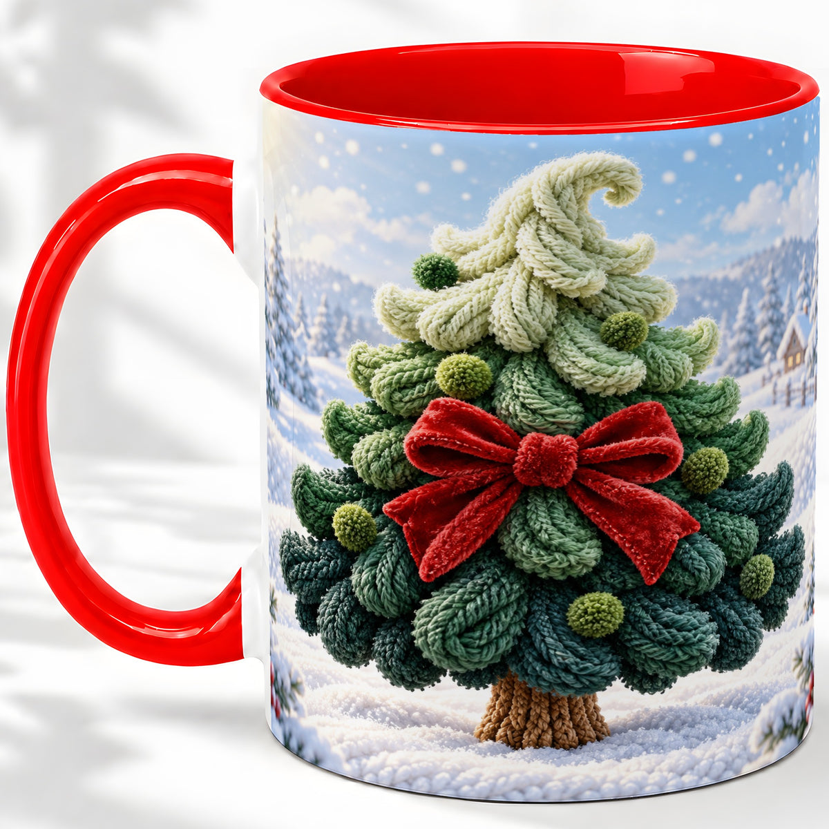Knitted Christmas Tree Accent Mug, Ceramic Cup with Red Bow