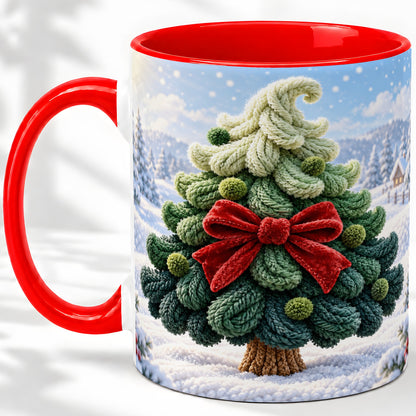 Knitted Christmas Tree Accent Mug, Ceramic Cup with Red Bow