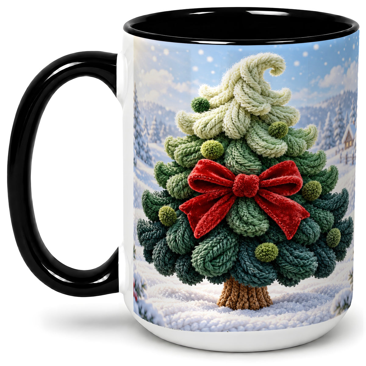#pl[15oz|Black] Knitted Christmas Tree Accent Mug, Ceramic Cup with Red Bow