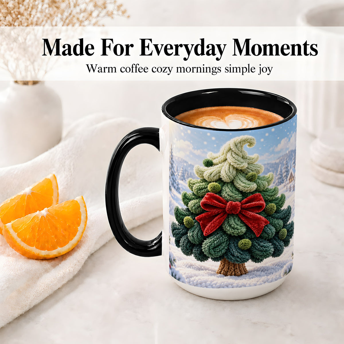 #pl[15oz|Black] Knitted Christmas Tree Accent Mug, Ceramic Cup with Red Bow