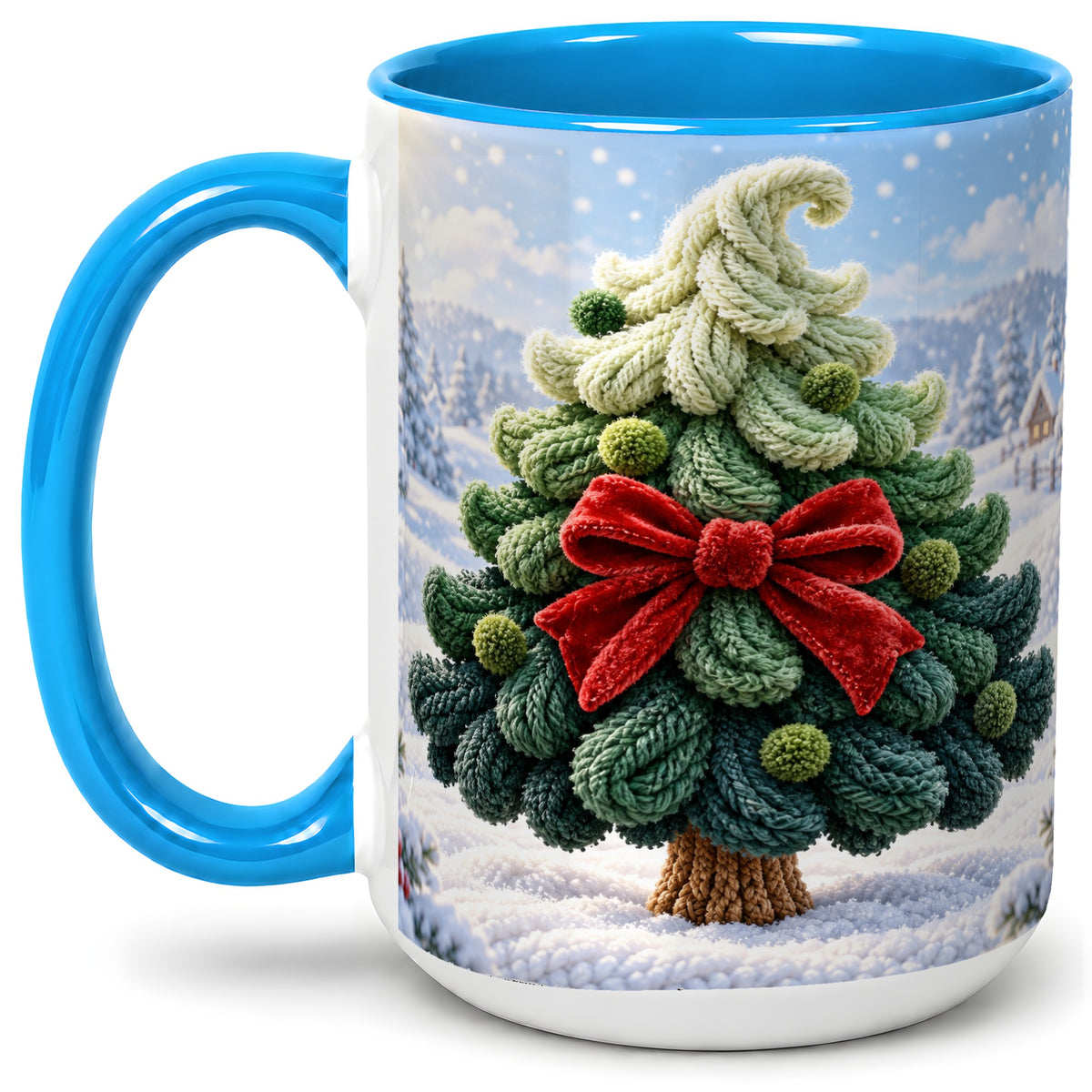 #pl[15oz|Blue] Knitted Christmas Tree Accent Mug, Ceramic Cup with Red Bow
