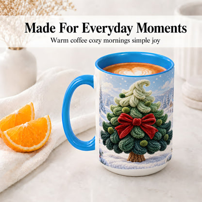 #pl[15oz|Blue] Knitted Christmas Tree Accent Mug, Ceramic Cup with Red Bow