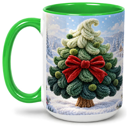 #pl[15oz|Green] Knitted Christmas Tree Accent Mug, Ceramic Cup with Red Bow