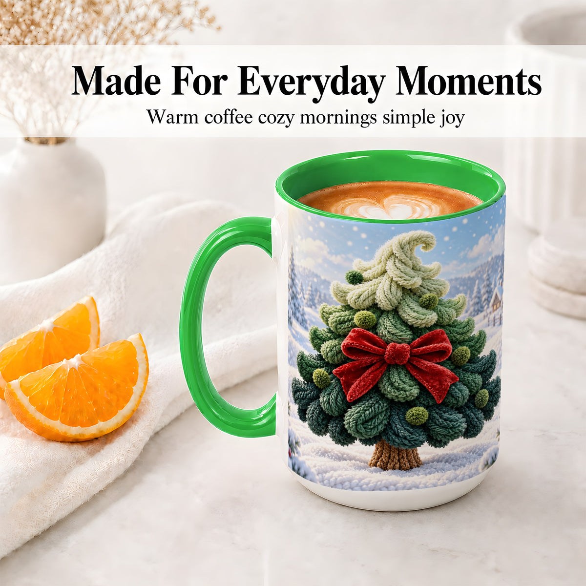 #pl[15oz|Green] Knitted Christmas Tree Accent Mug, Ceramic Cup with Red Bow