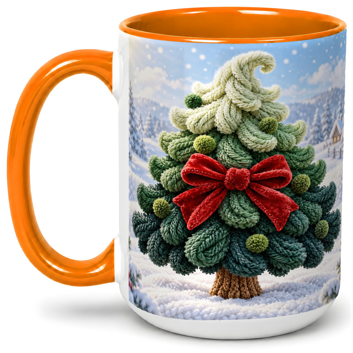 #pl[15oz|Orange] Knitted Christmas Tree Accent Mug, Ceramic Cup with Red Bow