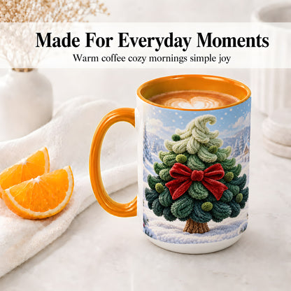 #pl[15oz|Orange] Knitted Christmas Tree Accent Mug, Ceramic Cup with Red Bow